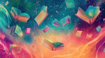 Floating books and neon-lit pages glow on a blue-to-orange gradient wallpaper