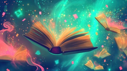 Sticker - Neon-lit floating books swirl on a blue-to-orange gradient background wallpaper