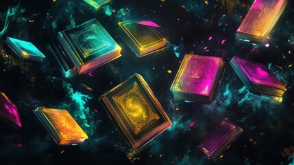 Sticker - Neon-lit mystical books float on a deep black background in this wallpaper