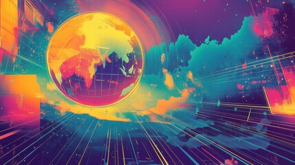 Canvas Print - Bright globe and neon maps float on a blue-to-magenta background wallpaper