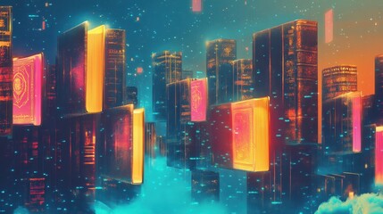 Canvas Print - Neon-lit books with glowing runes float on a blue-to-orange gradient wallpaper