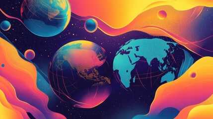 Canvas Print - Bright neon globes and world maps float on a blue-to-yellow gradient wallpaper