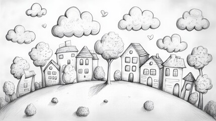 Poster - This artwork features a hand-drawn landscape with simple clouds, trees, and houses, creating a delightful and cheerful scene. Generative AI
