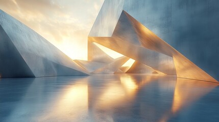 Leinwandbilder - A mesmerizing view of angular metallic structures illuminated by the rising sun, showcasing unique architecture in a contemporary urban setting.