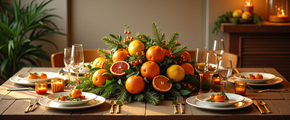 A table with a beautiful fruit arrangement and a lit candle. The table is set for a special occasion, and the oranges and other fruits are arranged in a way that makes the table look inviting