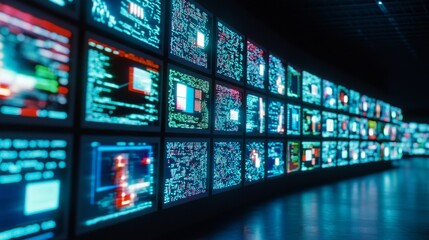 An information age and technology-oriented digital wall with multiple screens displaying various data.