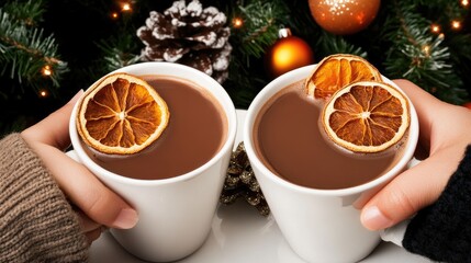 Three mugs filled with hot chocolate or coffee are accompanied by dried orange slices on a white table, set against a decorated Christmas tree