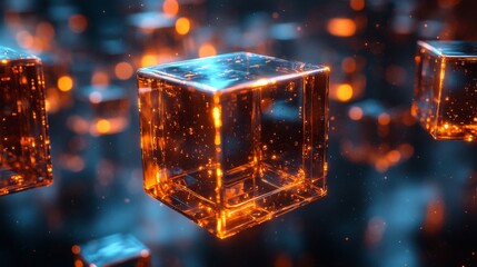Aufkleber - Translucent cubes illuminated with warm orange light drift through a dark space, creating a captivating atmosphere filled with glowing particles.