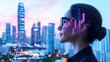 © typepng - A silhouetted woman is shown against a cityscape and data visualizations