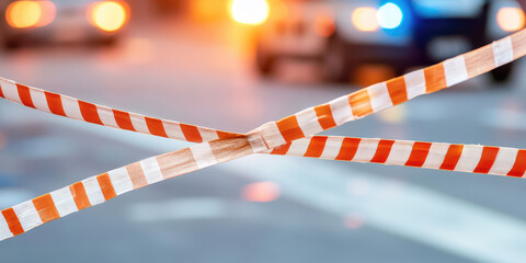 Close-up of a striped police tape stretched on the background of a blurred street and a police car. Crime scene, detectives, investigation