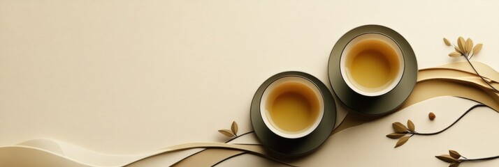 Poster - Interwoven lines represent tea leaves and cups, creating a peaceful atmosphere that invites relaxation and enjoyment in a tranquil setting. Generative AI
