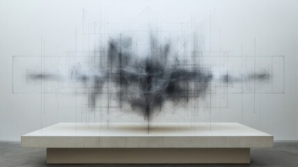 Leinwandbilder - The artwork features a striking abstract sculpture combining delicate lines and dark, smoky textures, displayed prominently in a minimalist gallery space.