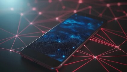 The smartphone symbolises mobile technology, digital communication, and the development of apps with interconnected apps and data streams