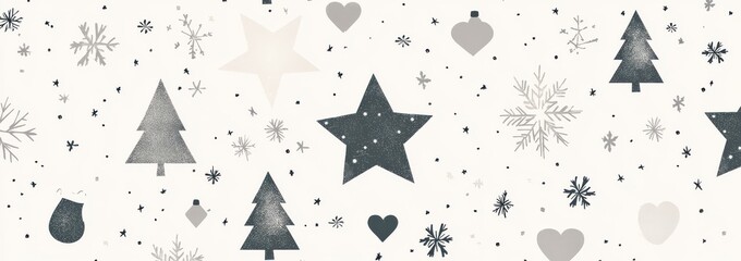 Wall Mural - festive holiday pattern with geometric christmas trees, stars, snowflakes, and decorations in shades