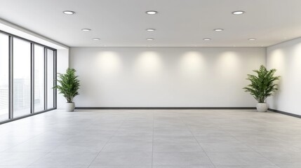 A contemporary office environment features expansive windows allowing natural light to flood the room, enhanced by two lush potted plants in each corner, creating a serene atmosphere