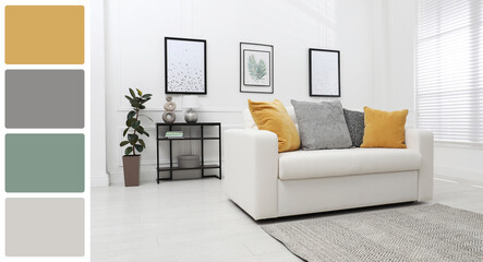 Poster - Stylish living room with comfortable sofa near white wall. Interior design and matching color palette