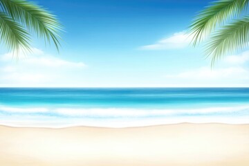 Wall Mural - The shore offers a peaceful escape with soft sands, gentle waves lapping at the coastline, and palm leaves swaying in the warm summer breeze under a clear blue sky