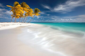 Wall Mural - Golden palm trees dot the pristine shoreline, their fronds dancing in the warm breeze, while gentle waves lap against the soft sand under a vibrant sky