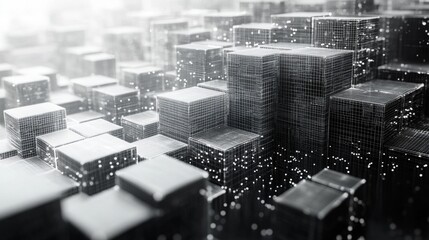 Poster - An intricate arrangement of geometric structures forms a modern cityscape, with glowing elements and a misty backdrop creating a captivating atmosphere, suggesting innovation and advancement.