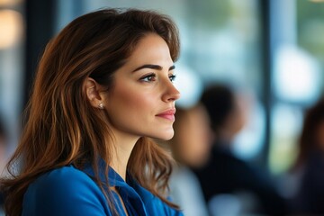 woman with brown hair, wearing a blue blouse, sitting and participating in a brainstorming session, 