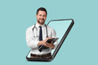 © New Africa - Online medical consultation. Doctor with clipboard on smartphone screen against light blue background