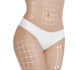 Canvas Print - Woman with perfect slim body on white background, closeup. Figure correction arrows and lines on skin