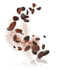 Wall Mural - Cocoa beans and powder in air on white background