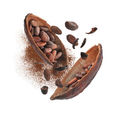 Poster - Cocoa pod with beans and powder in air on white background