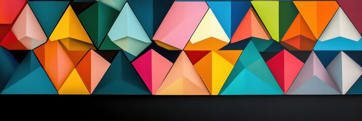 Poster - Elegant triangular shapes in vibrant colors create an intricate geometric abstraction against a contrasting dark backdrop. Generative AI