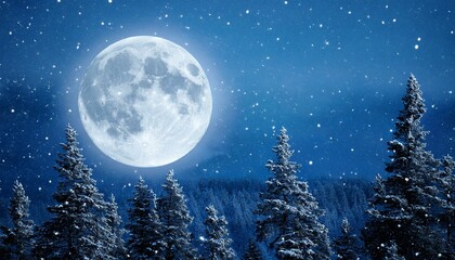 a full moon on a snowy night, forest of evergreen trees