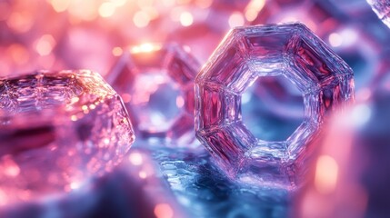 Aufkleber - Intricate hexagonal crystals are arranged in a captivating display, reflecting a spectrum of colors under gentle lighting, creating an abstract and mesmerizing effect.