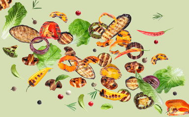 Wall Mural - Tasty grilled vegetables in air on light green background