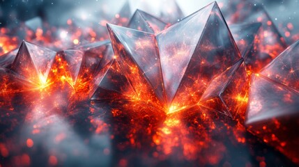 Leinwandbilder - Glowing, jagged crystal structures emerge from a vibrant orange and red luminescence, suggesting volcanic activity in a surreal landscape during dusk.