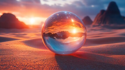 Aufkleber - A crystal sphere captures the colors of a stunning sunset, surrounded by soft desert dunes and distant rocky formations, creating a serene atmosphere.
