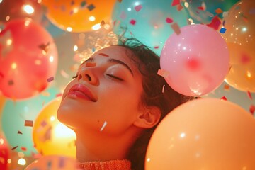 Portrait of a person in festive attire, surrounded by colorful balloons and confetti in a blurred background of a jubilant party atmosphere 4