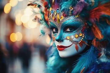 Person in festive carnival outfit against a gently blurred backdrop 1