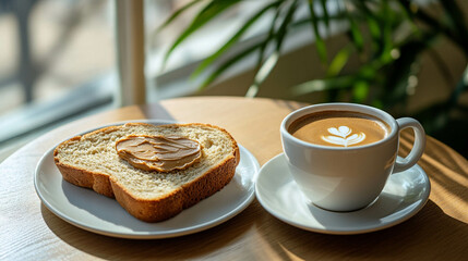 Wall Mural - A white cup of coffee and fresh bread with peanut butter on a round wooden table in front of a bright window