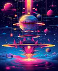 Wall Mural - A vibrant cosmic landscape displays swirling planets surrounded by colorful rings and glowing energy beams. The night sky sparkles with stars, accentuating the otherworldly atmosphere of the scene.
