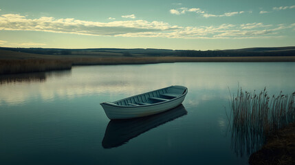 Naklejka na meble A peaceful rowboat floating on a serene lake at sunrise with a cool color palette, a perfect scene for a day of meditation