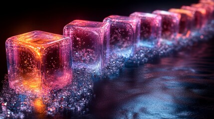 Leinwandbilder - Brightly lit ice cubes are lined up on a moist surface, showcasing striking colors. The contrast of light and texture creates an eye-catching visual in a dark setting.