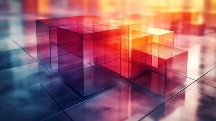 Leinwandbilder - Translucent cubes in vibrant shades of red and orange are arranged creatively on a reflective floor, catching warm light and creating stunning reflections, evoking an artistic atmosphere.