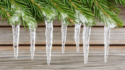 Poster - Green Christmas tree branches adorned with icicles and red ornaments enhance the rustic charm of a wooden house during winter