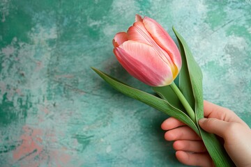 Hand holding a pink tulip, on a green background, bright light, top view 2