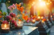 © Maelgoa - A sunny day casting light on a marble grave adorned with candles and colorful flowers, creating a serene and bright atmosphere in the cemetery 1