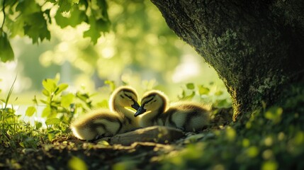 A playful scene of goslings resting in the shade of a tree