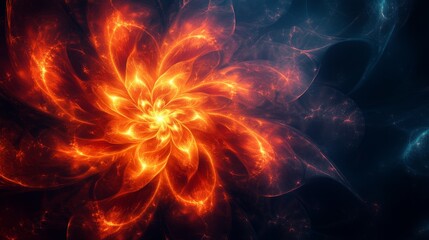 Fototapete - A stunning display of swirling colors forms a radiant flower-like shape, blending fiery orange petals with cool blue tones against a dark backdrop, evoking a sense of cosmic beauty.