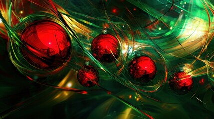 Poster - The vibrant red ornaments glimmer against a swirling backdrop of green lights, capturing the essence of the festive holiday season. Generative AI