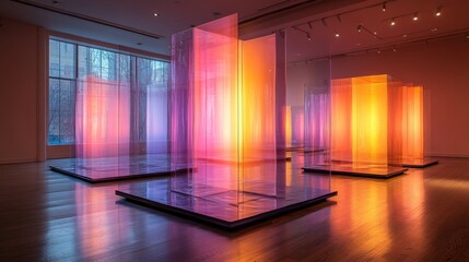 Fototapete - Translucent sculptures in vibrant hues fill the modern gallery, their warm colors reflecting light and creating a captivating ambiance. Visitors are drawn to the mesmerizing visual display.
