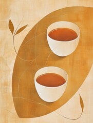 Aufkleber - Elegant tea cups are artistically arranged with soft lines symbolizing tea leaves, creating a tranquil atmosphere that invites relaxation. Generative AI