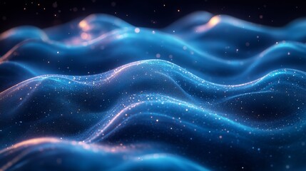 Leinwandbilder - Waves of vibrant blue light ripple gently, enhanced by sparkling particles, creating a tranquil underwater atmosphere in a dark setting.